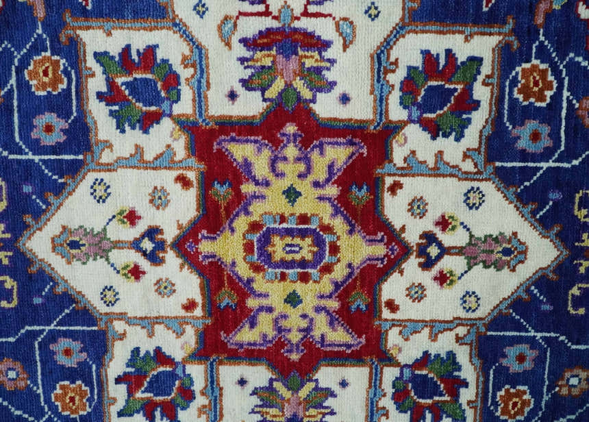 Maroon, Ivory, Blue and Rust Hand Knotted Traditional Heriz Multi Size wool Area Rug