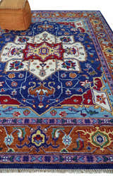 Maroon, Ivory, Blue and Rust Hand Knotted Traditional Heriz Multi Size wool Area Rug