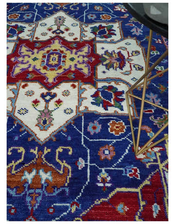 Maroon, Ivory, Blue and Rust Hand Knotted Traditional Heriz Multi Size wool Area Rug