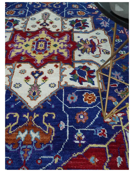Maroon, Ivory, Blue and Rust Hand Knotted Traditional Heriz Multi Size wool Area Rug