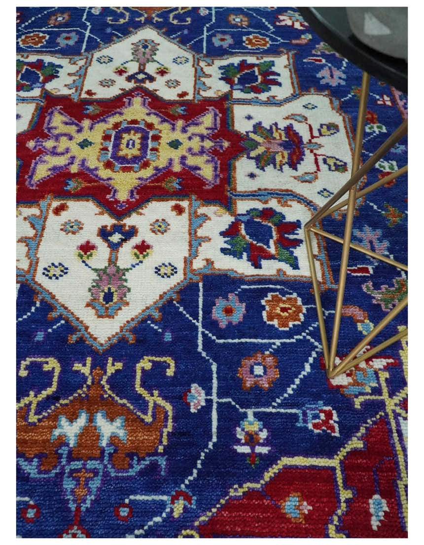 Maroon, Ivory, Blue and Rust Hand Knotted Traditional Heriz Multi Size wool Area Rug