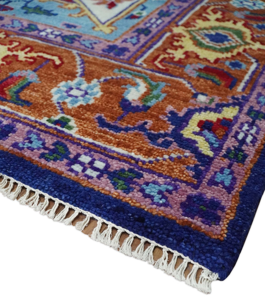 Maroon, Ivory, Blue and Rust Hand Knotted Traditional Heriz Multi Size wool Area Rug