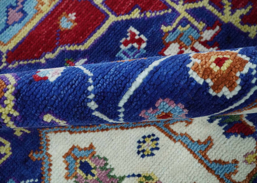 Maroon, Ivory, Blue and Rust Hand Knotted Traditional Heriz Multi Size wool Area Rug