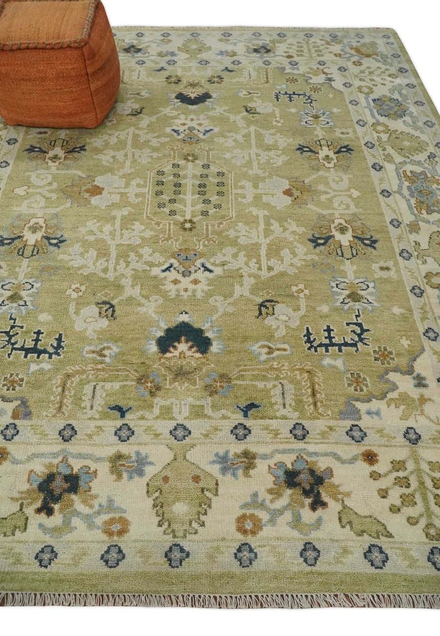 Hand Knotted Custom Made Olive, Silver and Beige Traditional Wool Rug
