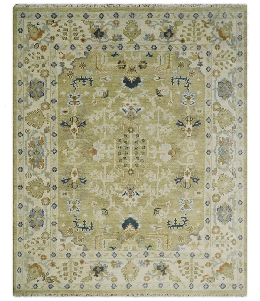 Hand Knotted Custom Made Olive, Silver and Beige Traditional Wool Rug