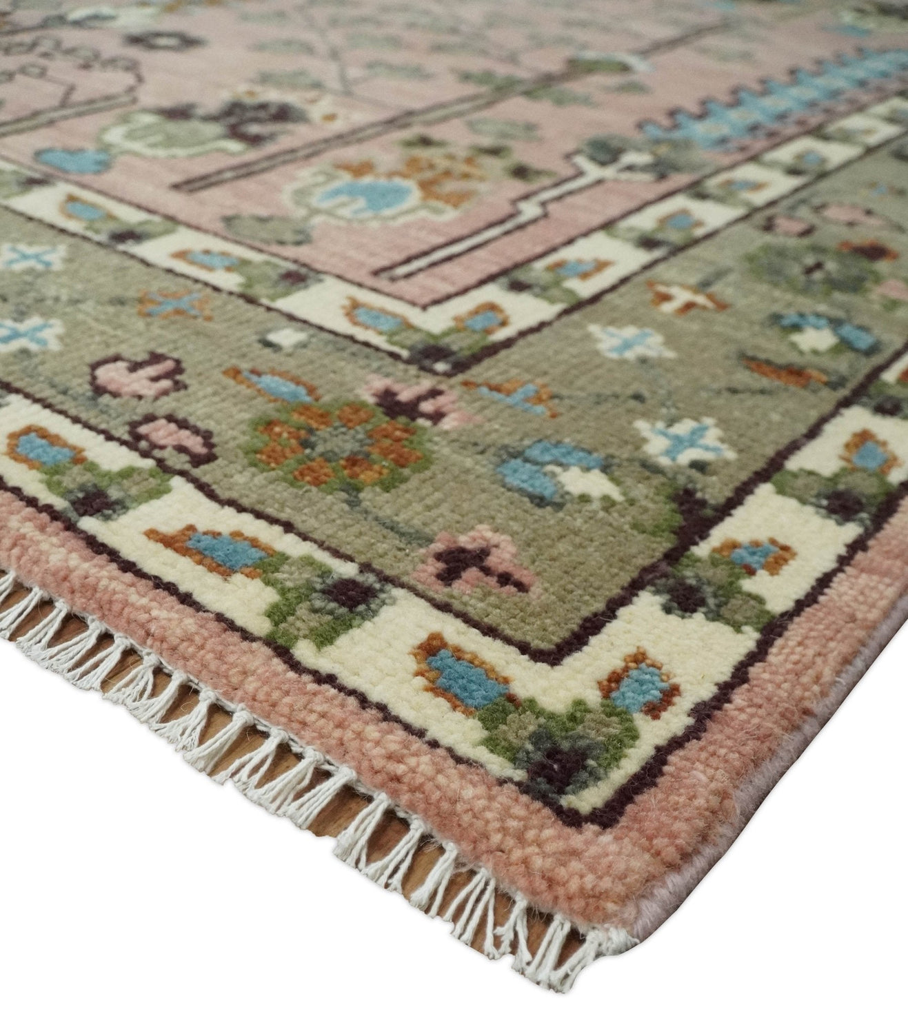Pink, Olive and Beige Traditional Vintage Heriz Serapi Wool Rug