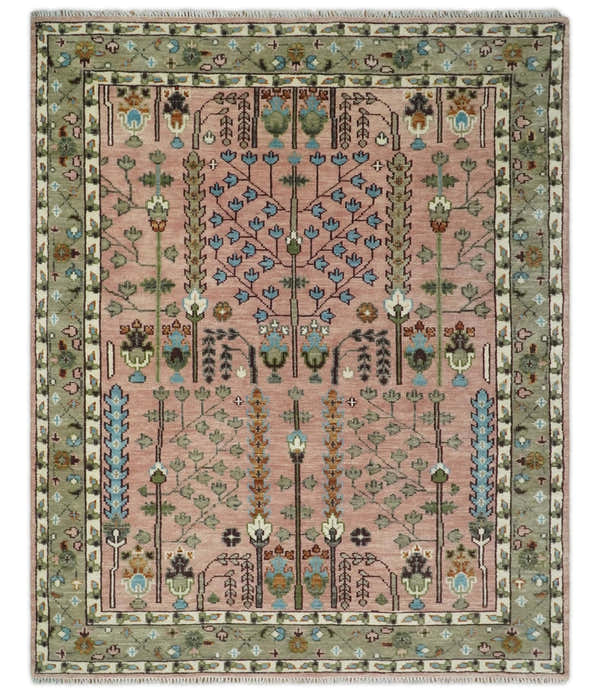 Pink, Olive and Beige Traditional Vintage Heriz Serapi Wool Rug
