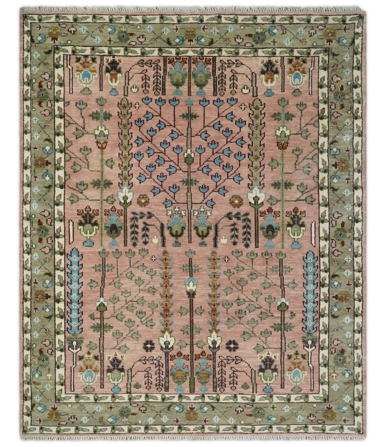 Pink, Olive and Beige Traditional Vintage Heriz Serapi Wool Rug