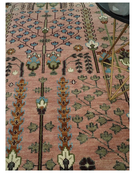 Pink, Olive and Beige Traditional Vintage Heriz Serapi Wool Rug