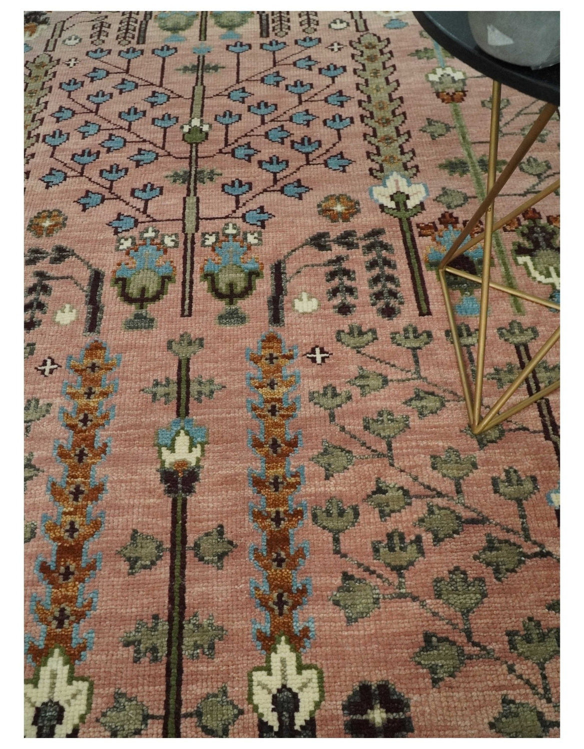 Pink, Olive and Beige Traditional Vintage Heriz Serapi Wool Rug