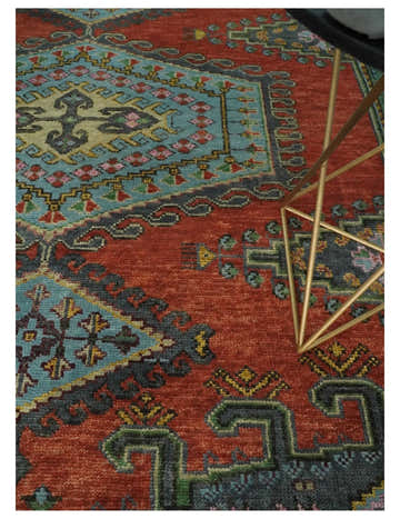 Hand Knotted Rust, Blue and Olive Traditional Antique Persian Rug