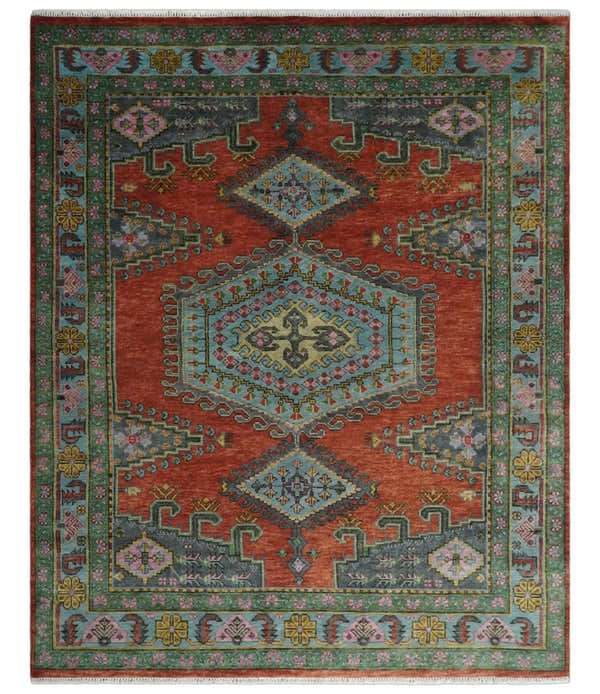 Hand Knotted Rust, Blue and Olive Traditional Antique Persian Rug