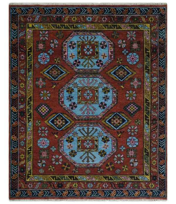 Hand Knotted Rust and Blue Traditional Antique look Multi Size Wool Area Rug
