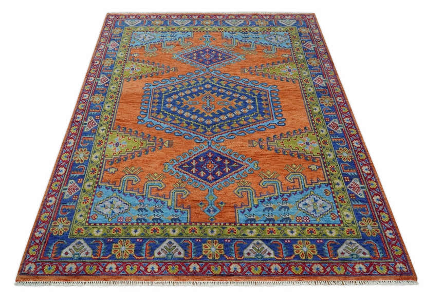 Hand Knotted Rust, Blue and Olive Traditional Multi Size Antique Wool Area Rug