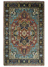 Rust, Blue and Beige Traditional Heriz Medallion Hand Knotted Multi Size Wool Area Rug