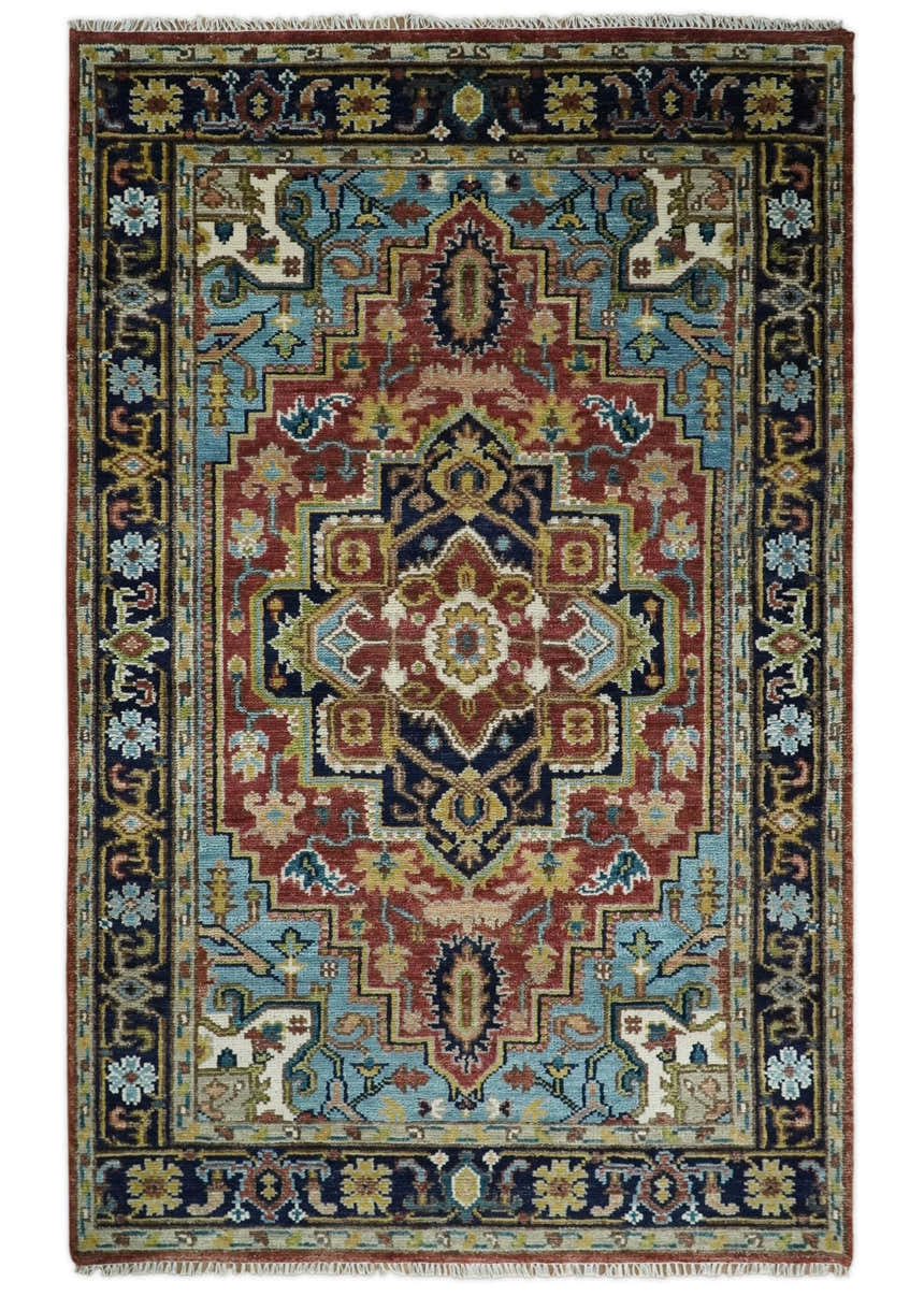 Rust, Blue and Beige Traditional Heriz Medallion Hand Knotted Multi Size Wool Area Rug