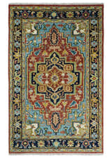 Rust, Blue and Beige Traditional Heriz Medallion Hand Knotted Multi Size Wool Area Rug