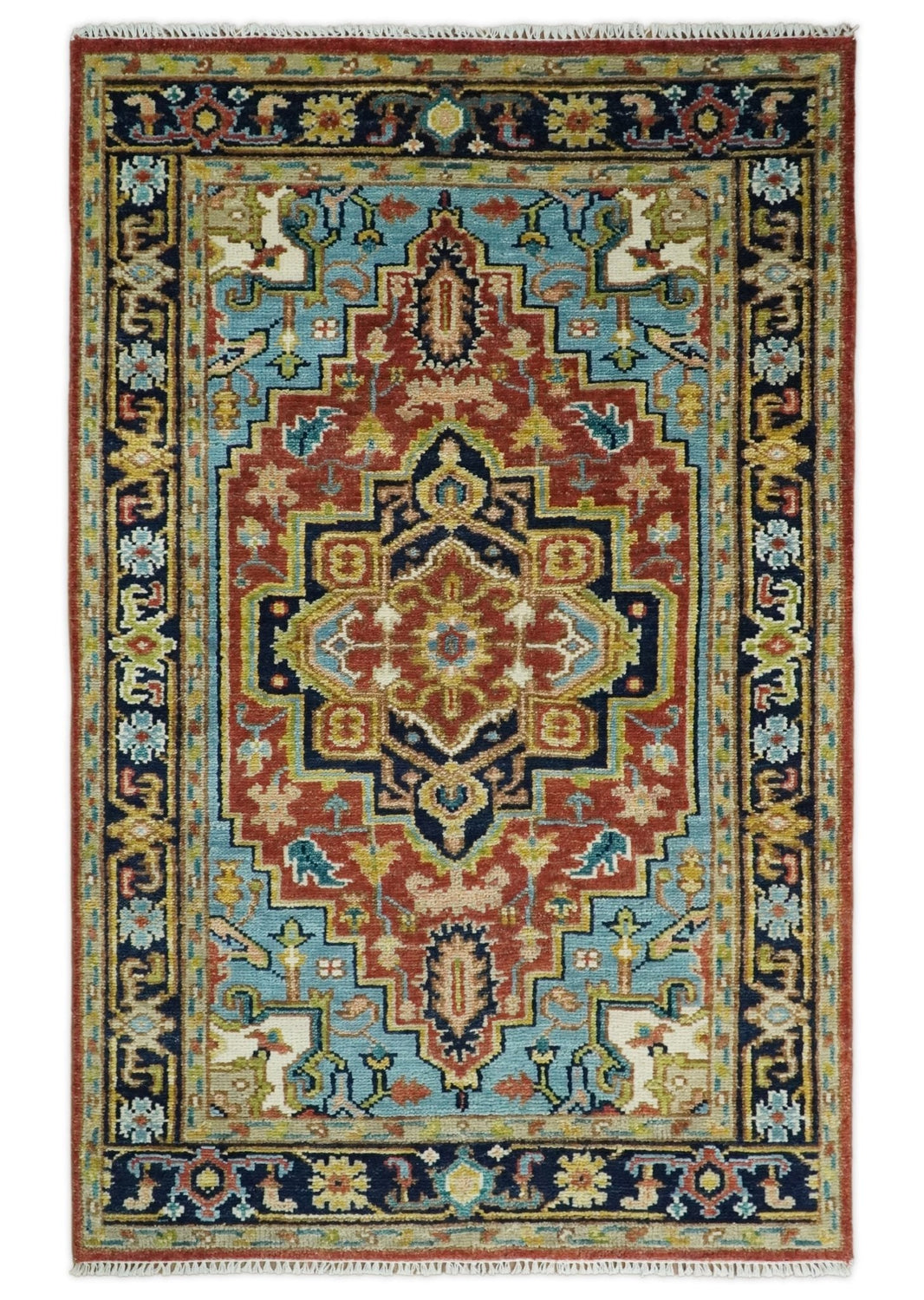 Rust, Blue and Beige Traditional Heriz Medallion Hand Knotted Multi Size Wool Area Rug