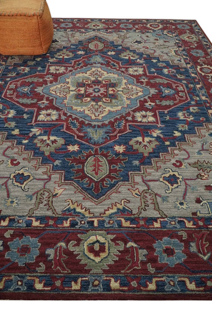 Red and Blue Hand Tufted Traditional Heriz Serapi Medallion Multi Size wool Area Rug