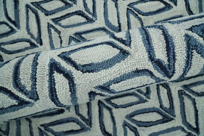 Contemporary Farmhouse Leaf's Hand Tufted Silver and Blue Loop Multi Size Wool Rug