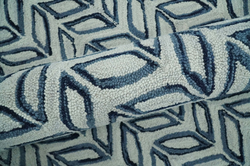 Contemporary Farmhouse Leaf's Hand Tufted Silver and Blue Loop Multi Size Wool Rug