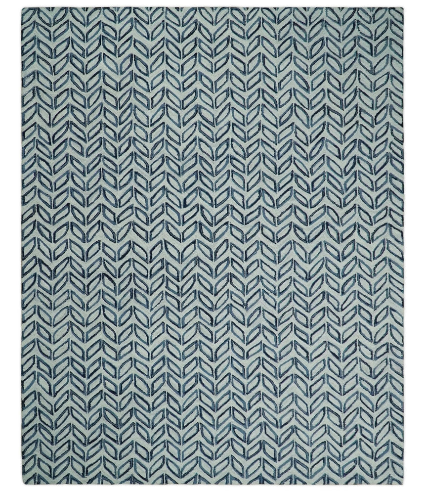 Contemporary Farmhouse Leaf's Hand Tufted Silver and Blue Loop Multi Size Wool Rug