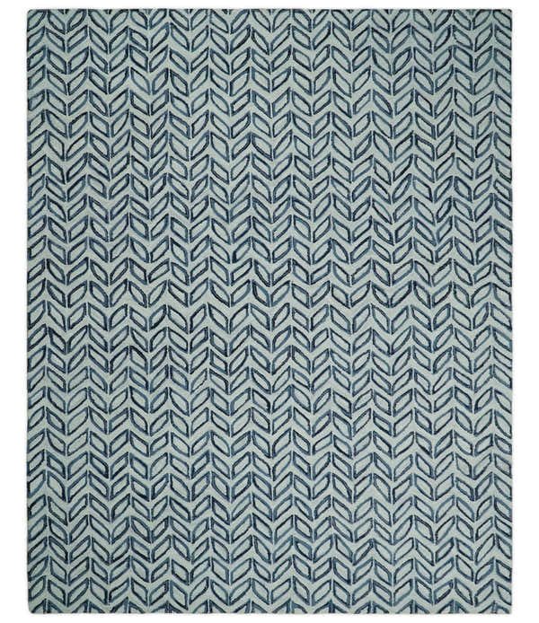 5X8 and 8x10 Contemporary Farmhouse Leaf's Hand Tufted Silver and Blue Loop Wool Rug