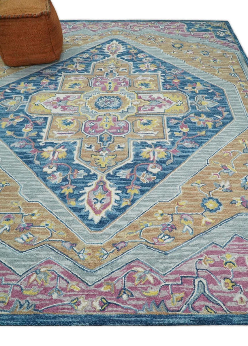 Kids, Nursery and Living Room Rug Hand Tufted Blue and Pink Wool Textured Loop Multi Size Area Rug