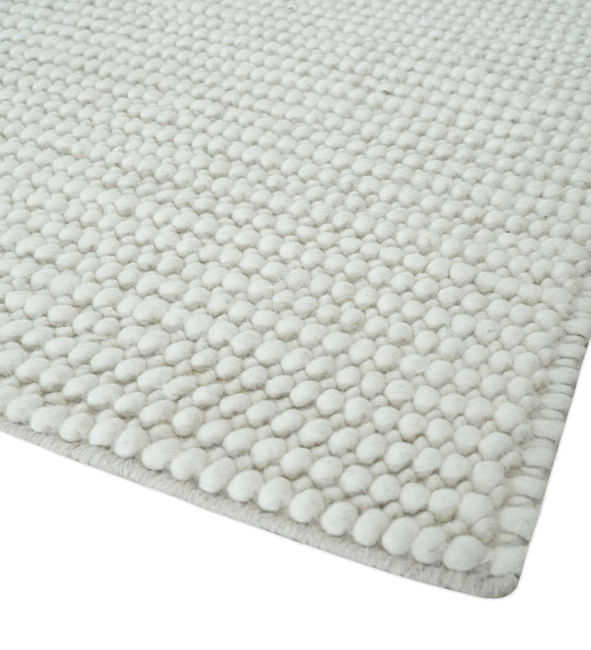 Contemporary Solid Design Ivory Handwoven Wool Area Rug