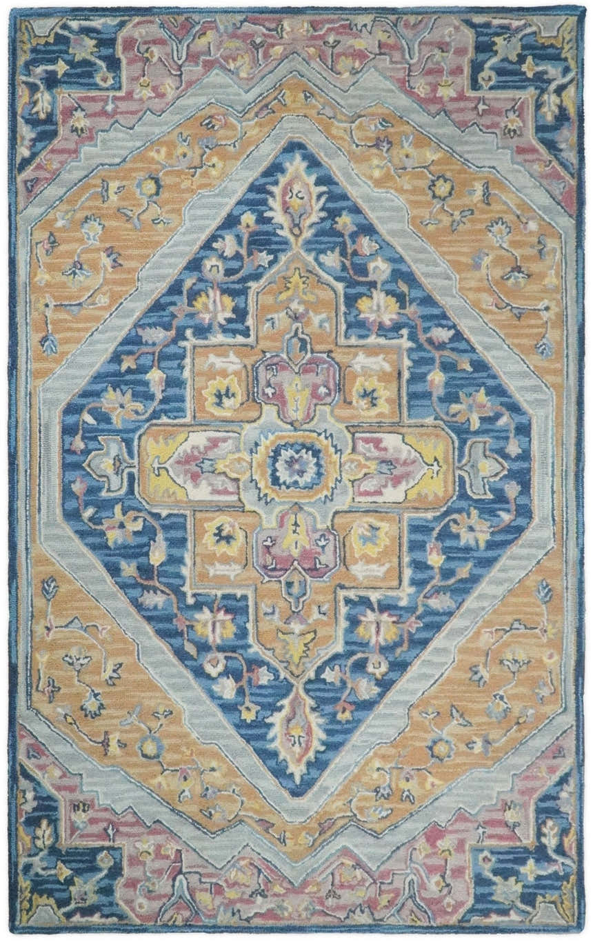 Kids, Nursery and Living Room Rug Hand Tufted Blue and Pink Wool Textured Loop Multi Size Area Rug