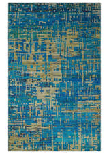 5x8 Hand Knotted Beige and Blue Modern Abstract Contemporary Recycled Silk Area Rug | OP101