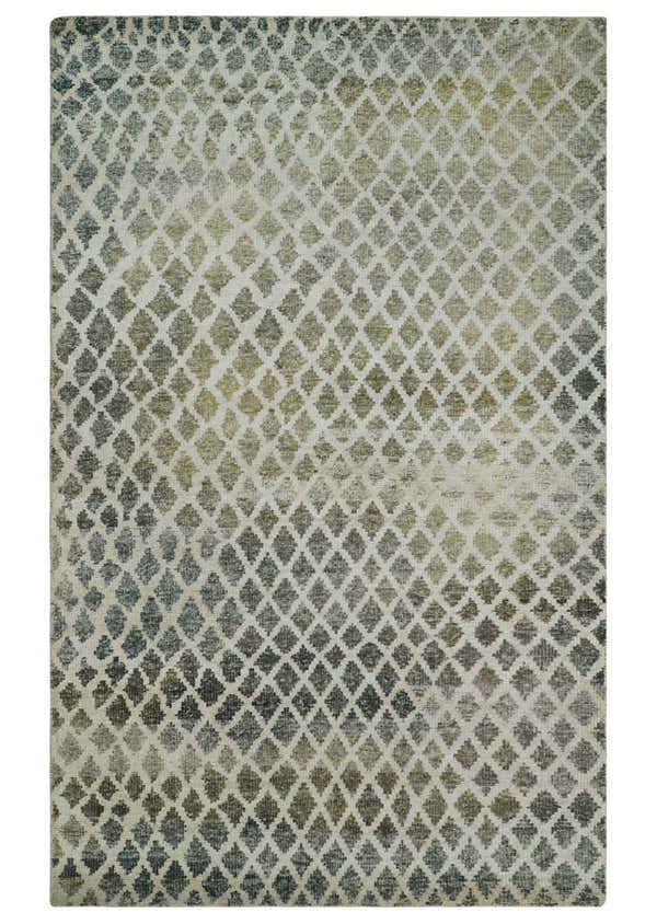 5x8 Hand Knotted Beige, Charcoal and Olive Modern Diamond Geometric Contemporary Recycled Silk Area Rug | OP87