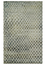 5x8 Hand Knotted Beige, Charcoal and Olive Modern Diamond Geometric Contemporary Recycled Silk Area Rug | OP87