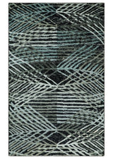 5x8 Hand Knotted Black, Ivory and Teal Modern Style Contemporary Recycled Silk Area Rug | OP119