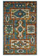 5x8 Hand Knotted Blue, Ivory and Gold Modern Persian made of Recycled Silk Area Rug | OP81