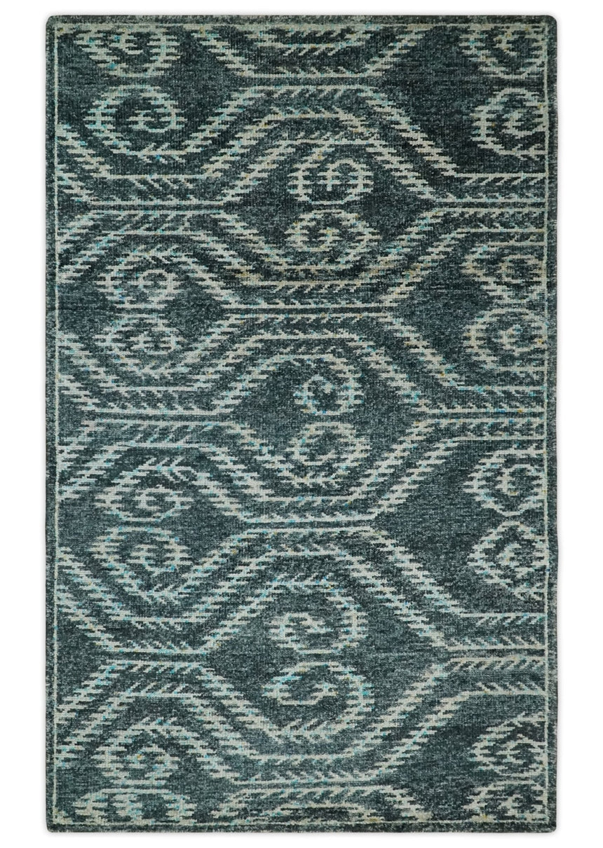 5x8 Hand Knotted Dark Gray and Ivory Modern Contemporary Southwestern Tribal Trellis Recycled Silk Area Rug | OP115