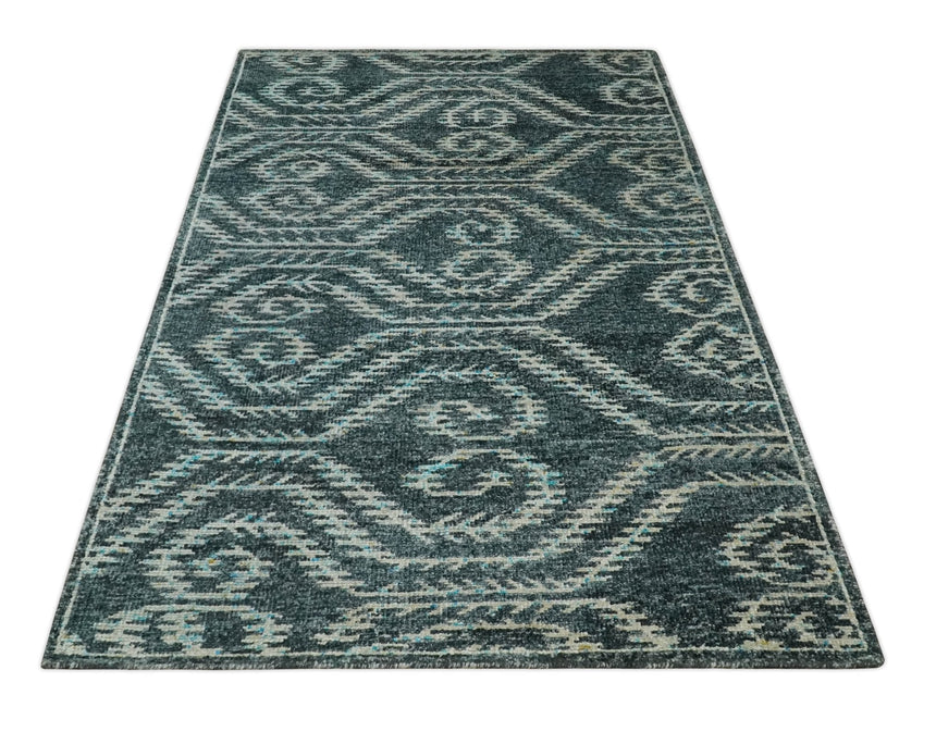 5x8 Hand Knotted Dark Gray and Ivory Modern Contemporary Southwestern Tribal Trellis Recycled Silk Area Rug | OP115