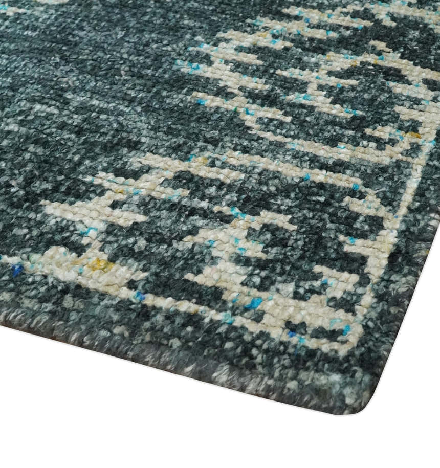 5x8 Hand Knotted Dark Gray and Ivory Modern Contemporary Southwestern Tribal Trellis Recycled Silk Area Rug | OP115