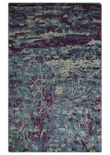 5x8 Hand Knotted Ivory, Blue and Purple Modern Abstract Contemporary Recycled Silk Area Rug | OP72
