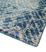 5x8 Hand Knotted Ivory, Blue and Teal Modern Geometric Contemporary Recycled Silk Area Rug | OP102
