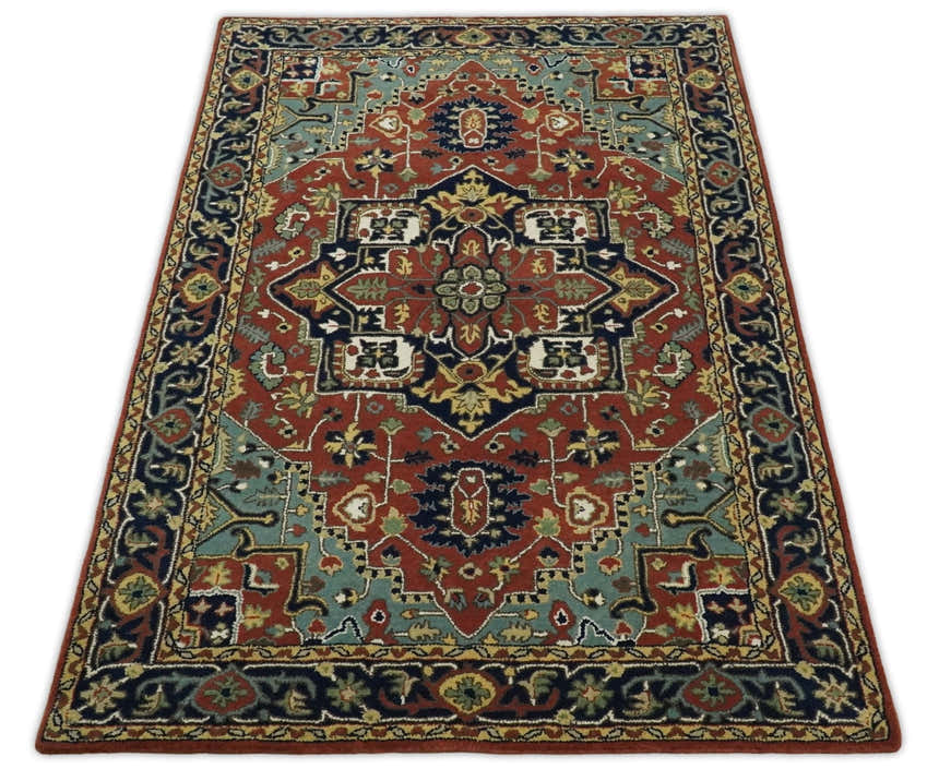 5x8 Handmade Rust and Blue made with fine wool Area Rug | TRDCP11858