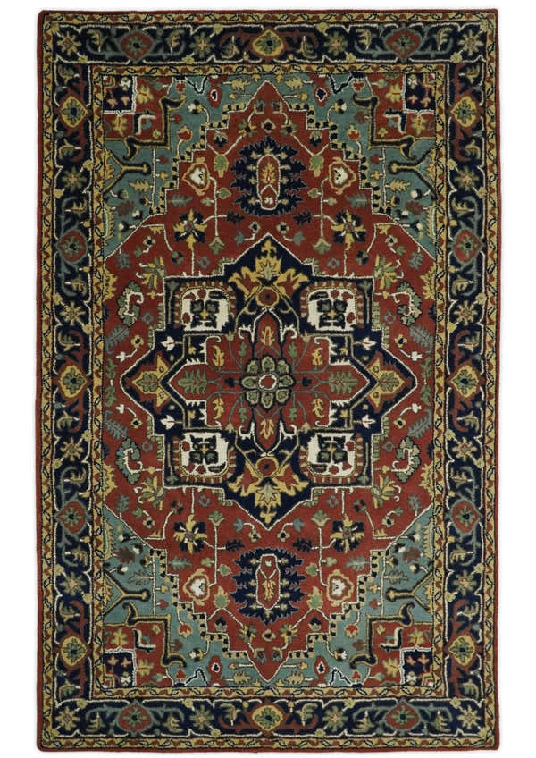 5x8 Handmade Rust and Blue made with fine wool Area Rug | TRDCP11858