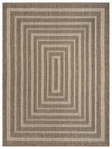 Close-up of a Nourison Tulum Brown Outdoor Area Rug featuring a geometric, concentric square pattern.