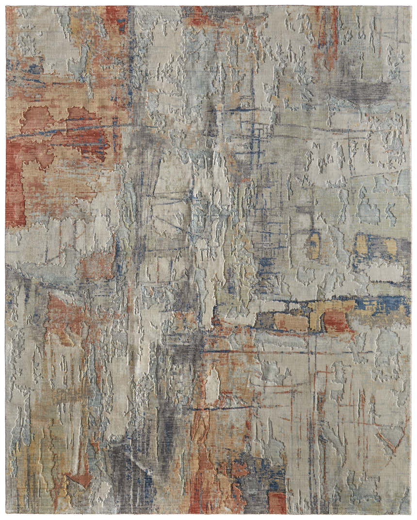 Feizy Jaxson Modern Abstract rug with gray, ivory, and orange hues and a textured, distressed design. Design-Rectangle-517