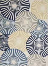 Close-up of Nourison Grafix White Contemporary Indoor Area Rug with blue, yellow, and gray sunburst pattern.