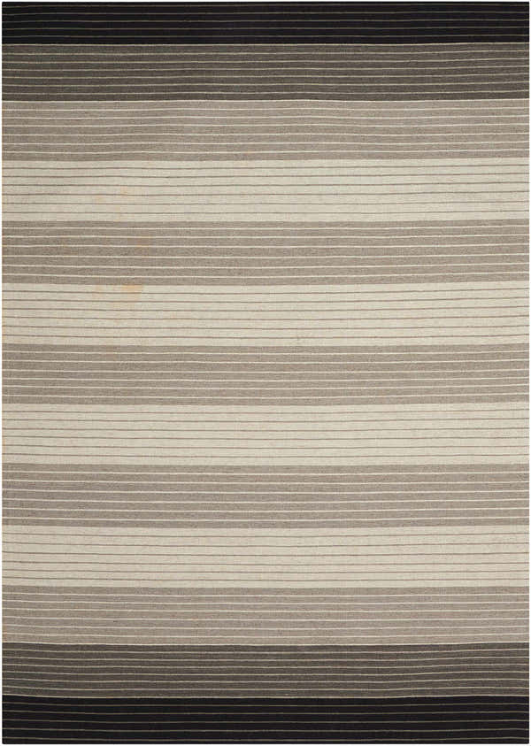 Close-up of the handmade Nourison Griot Pepper area rug featuring horizontal stripes in shades of pepper, grey, and cream.