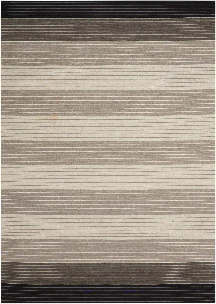 Close-up of the handmade Nourison Griot Pepper area rug featuring horizontal stripes in shades of pepper, grey, and cream.
