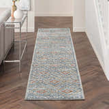 Hallway with Nourison Quarry Blue Ivory Southwestern rug runner on wood floor.