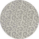 Close-up of a round Nourison Grafix Grey rug featuring a swirling, contemporary pattern in light gray and white.