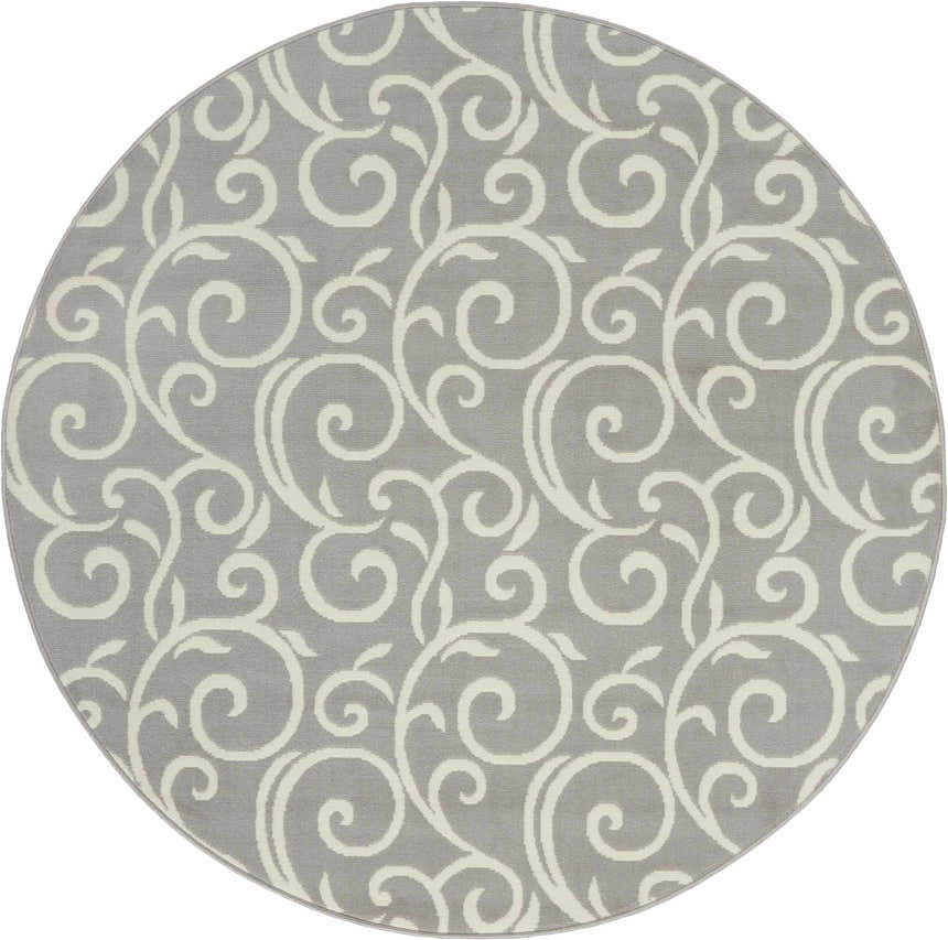 Close-up of a round Nourison Grafix Grey rug featuring a swirling, contemporary pattern in light gray and white.